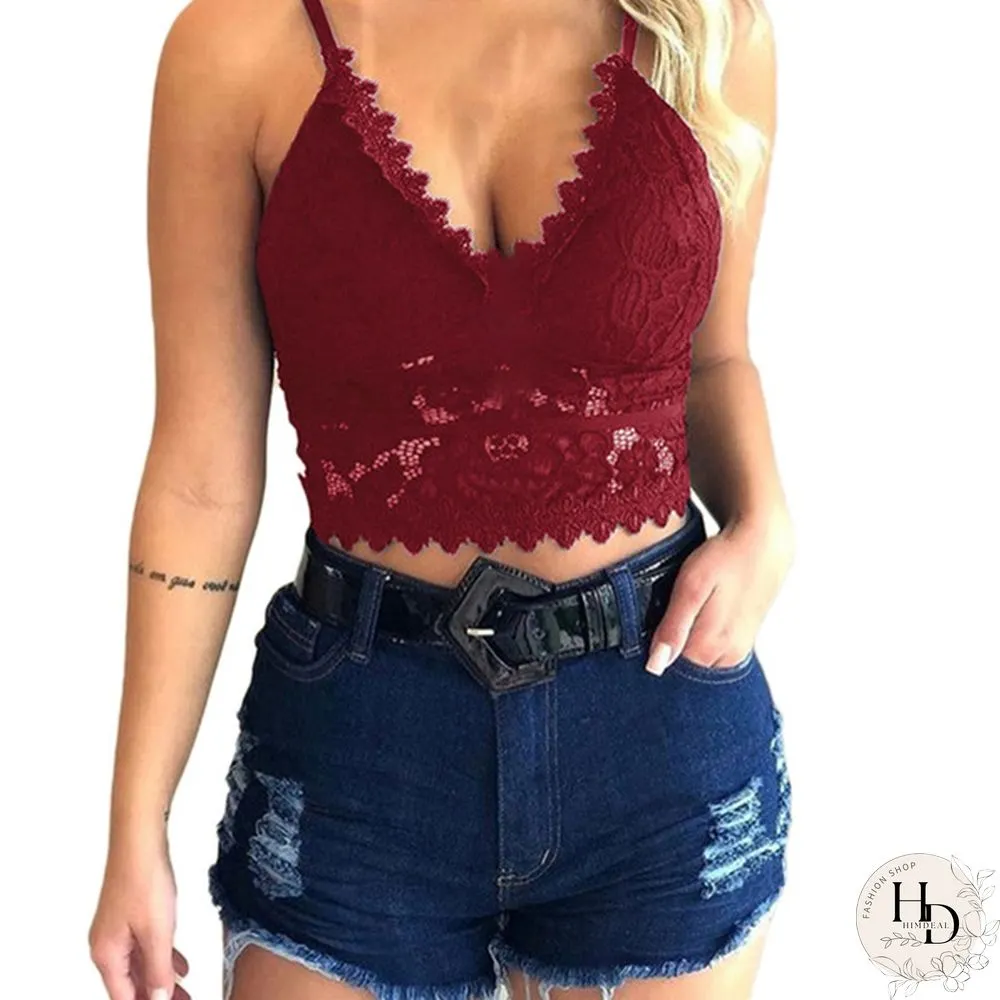 Womens Fashion Lace Floral Bralette Blouses V-Neck Tank Tops Crop Top Spaghetti Strap