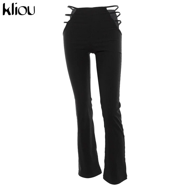 Kliou women high waist hollow out strap sexy flare pants new fashion solid black female causal party club trousers outfits hot