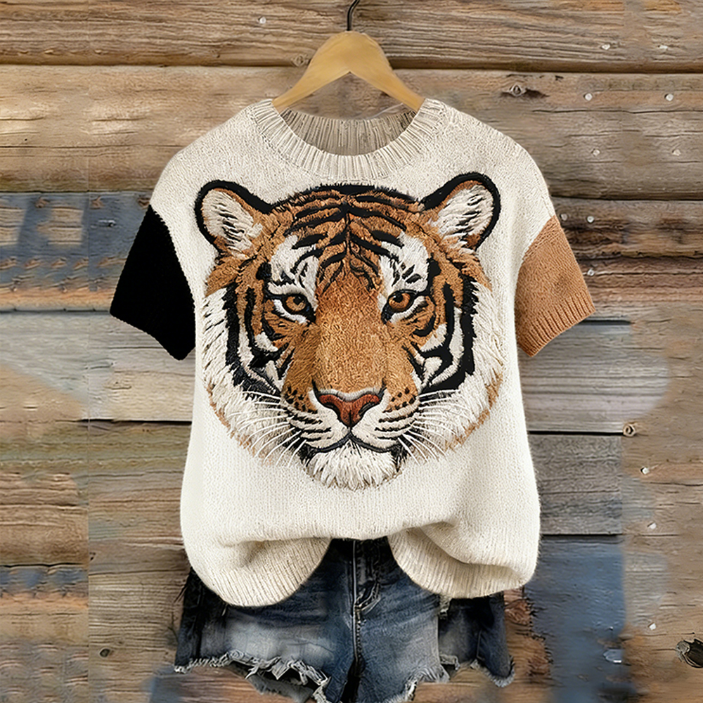 Tiger Leopard Pattern Retro Color-blocked Crew Neck Short-sleeved Sweater wearshes