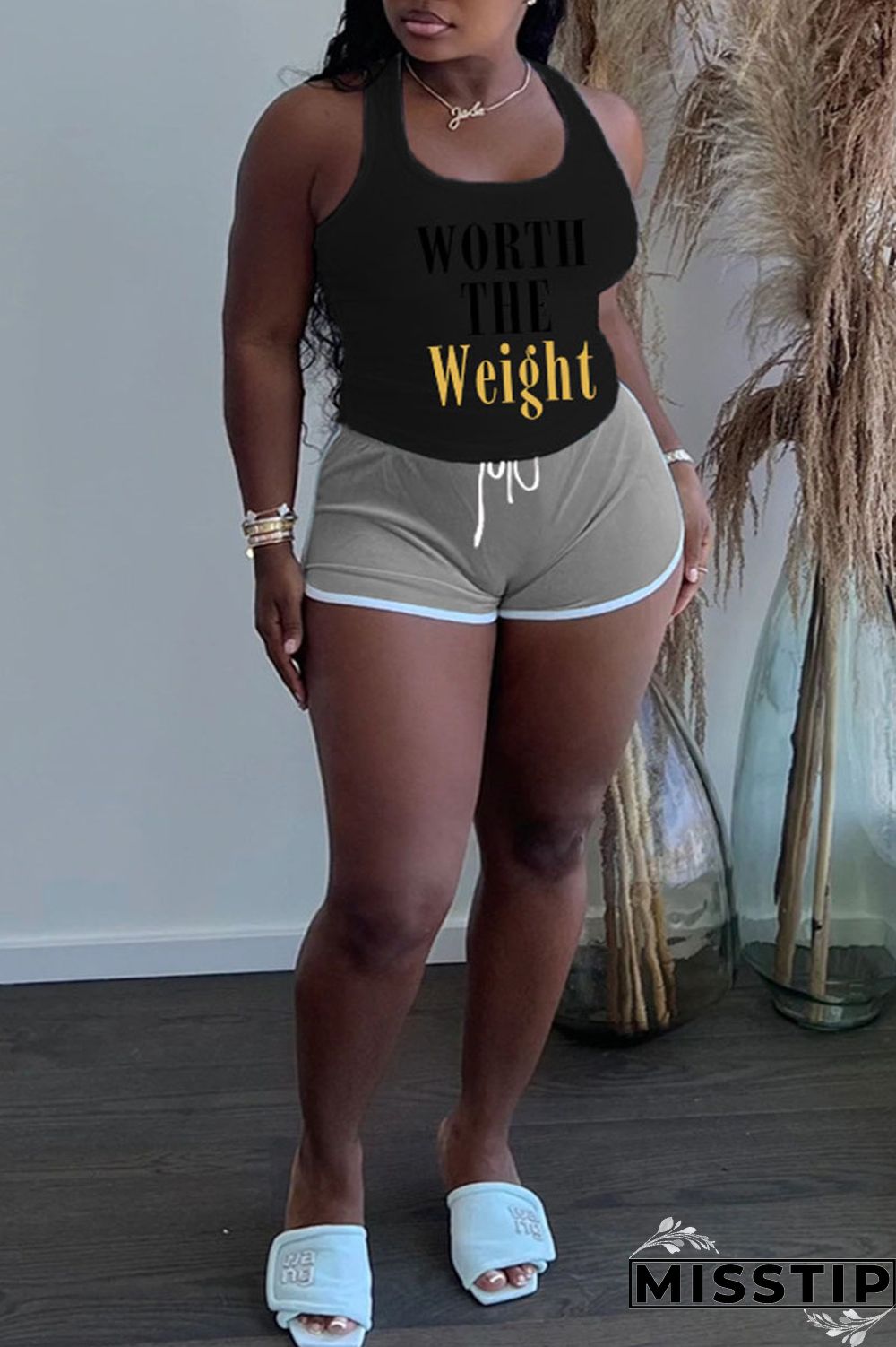 Grey Plus Size Casual Letter Print Patchwork U Neck Plus Size Two Pieces