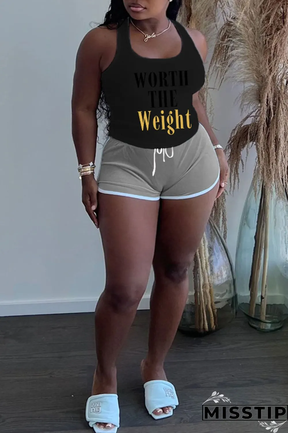 Grey Plus Size Casual Letter Print Patchwork U Neck Plus Size Two Pieces