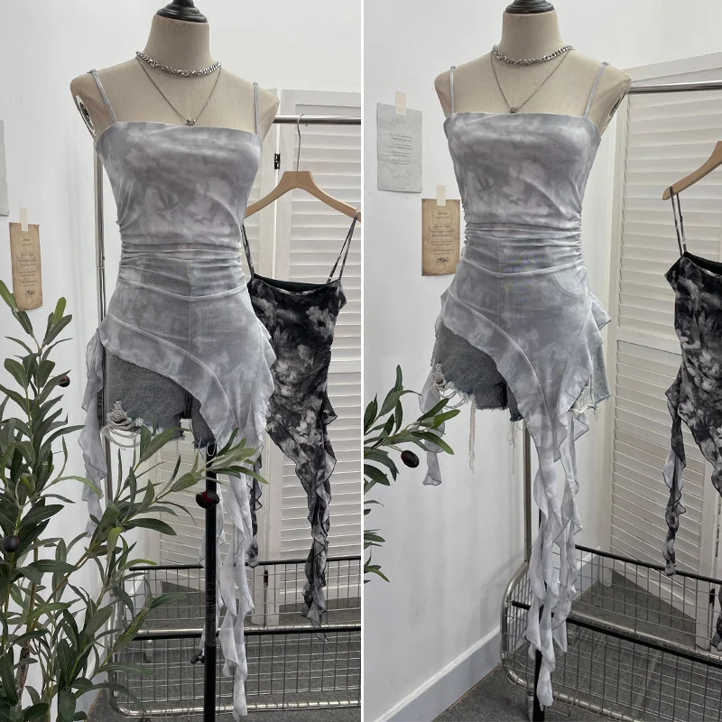 Nigikala Nigikala Sling Sleeve Vest Women Wearing Slimming Net Yarn Irregular Ribbon Sleeveless Top 1227