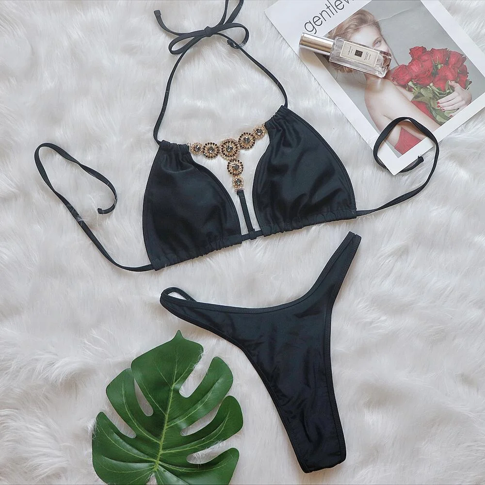 Uveng Uveng New Bikini Crystal Diamond Split Women's Swimsuit Plain Color Strap Swimsuit
