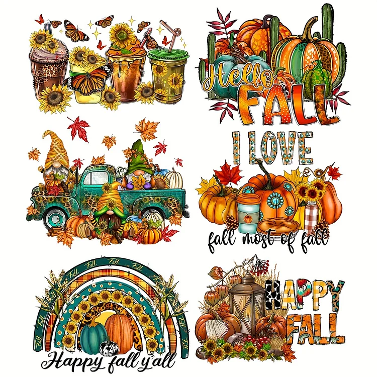 6pcs/pack Pumpkin Sunflowers Heat Transfer Patches, Vinyl Designs Iron On Transfers For T-Shirts, Heat Transfer Stickers For Clothes, Iron On Decals For Jackets Hoodies Bags