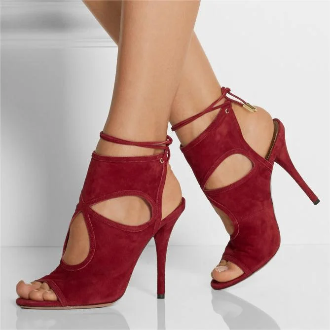 Burgundy Vegan Suede Peep Toe Cutout High Heel Booties for Women |FSJ Shoes