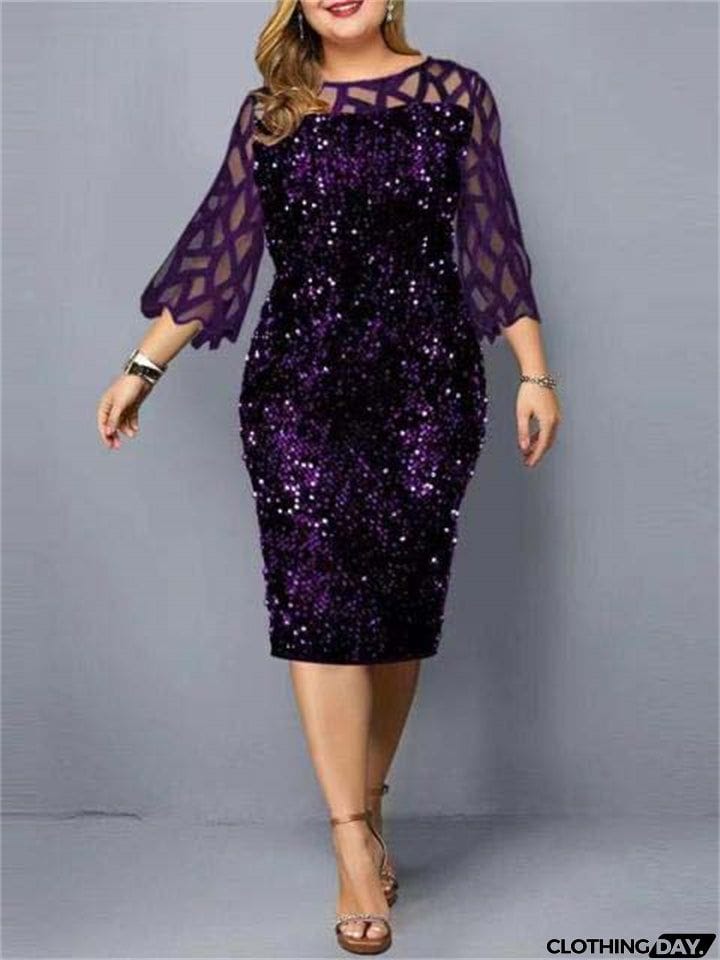 New Elegant Sequined Design Plus Cocktail Dresses With Sleeves