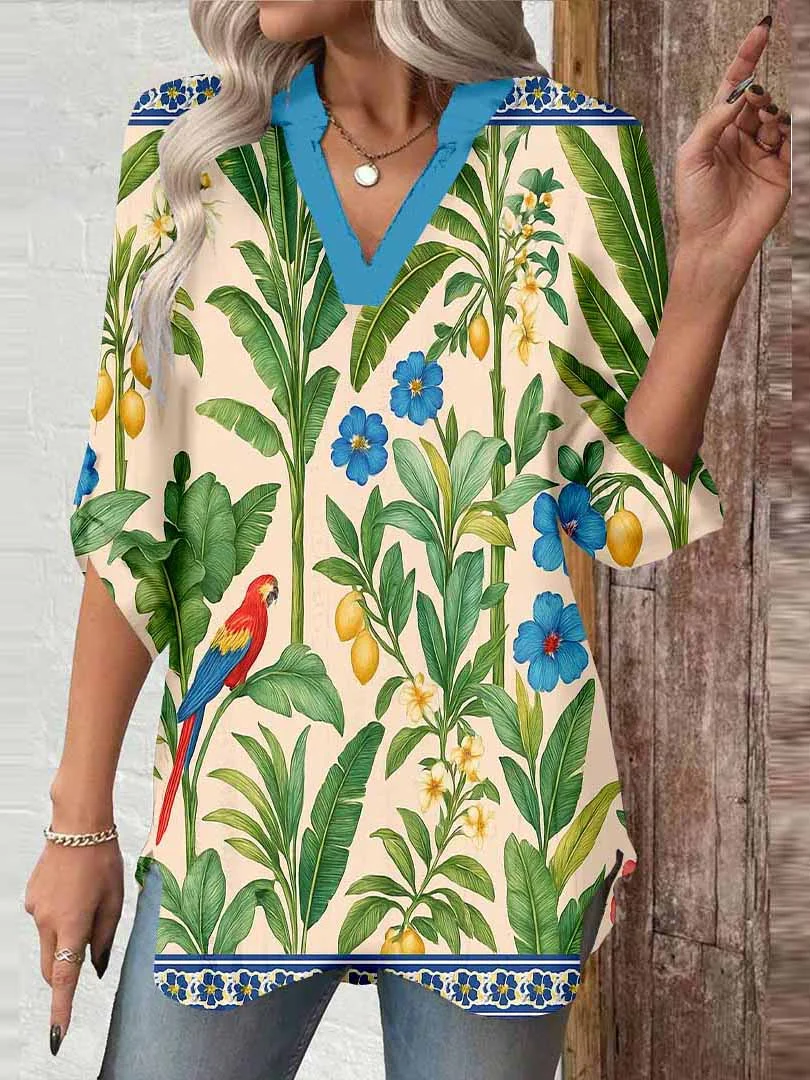 Women Tropical, Green DZGA0087 3/4 Sleeve V-neck Printed Graphic Button Tops