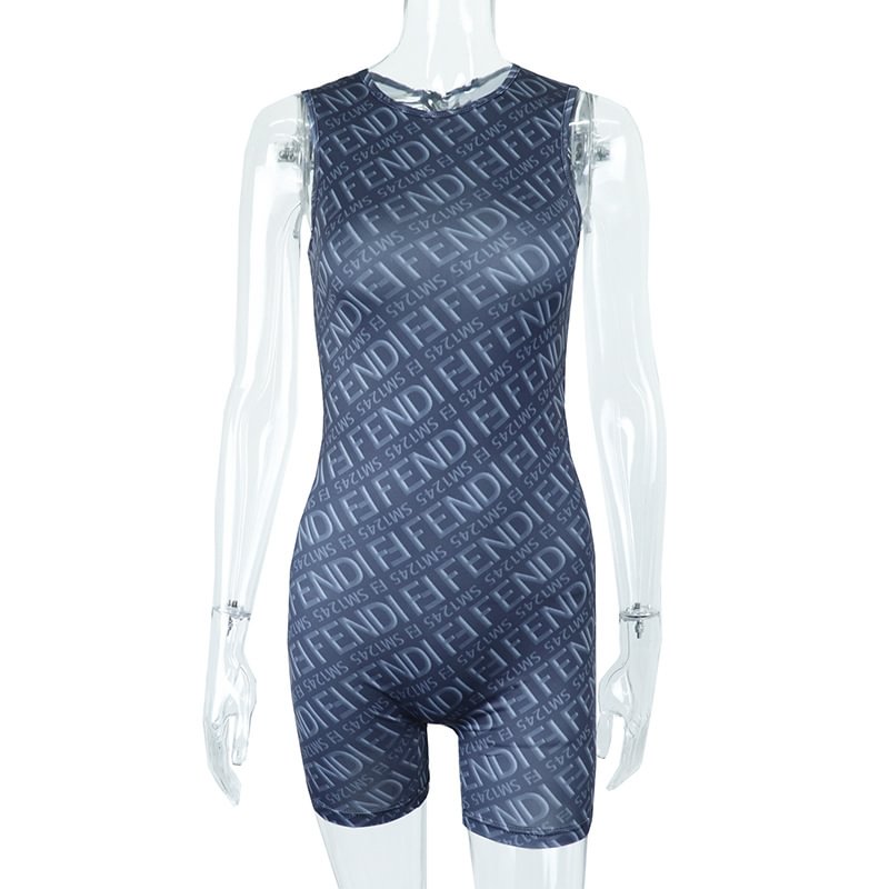 Women's Fashion Letter Print Round Neck Sleeveless Tight Sports Stretch One-piece Jumpsuits