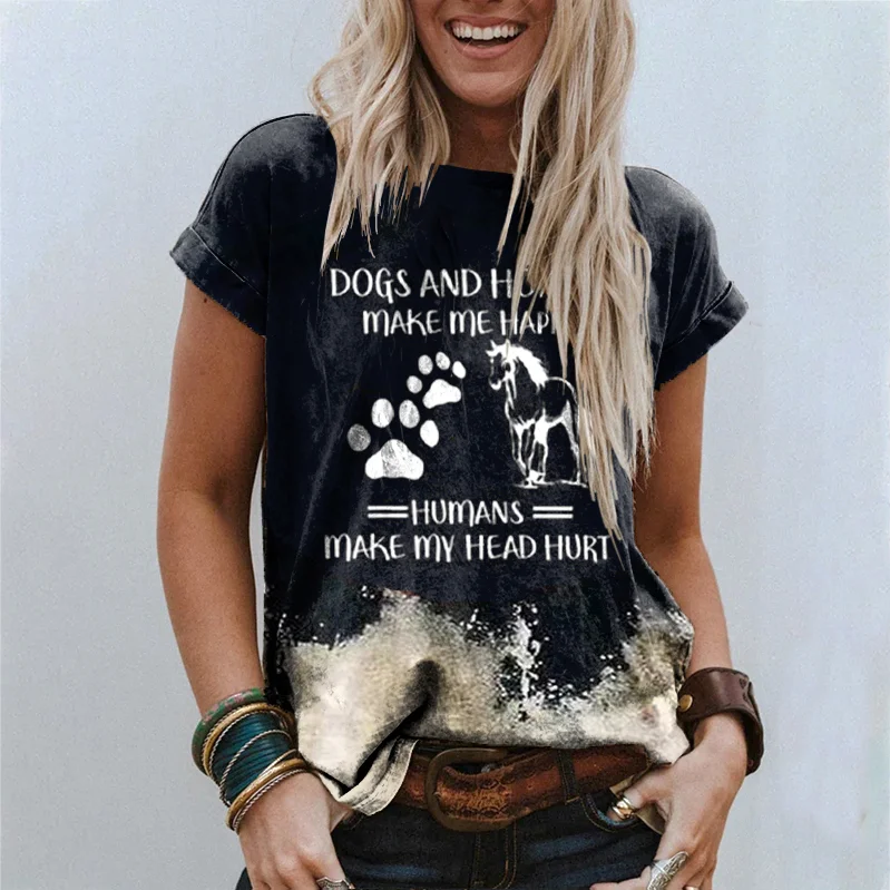 Western Dogs And Horses Make Me Happy Printed Short Sleeve T-Shirt