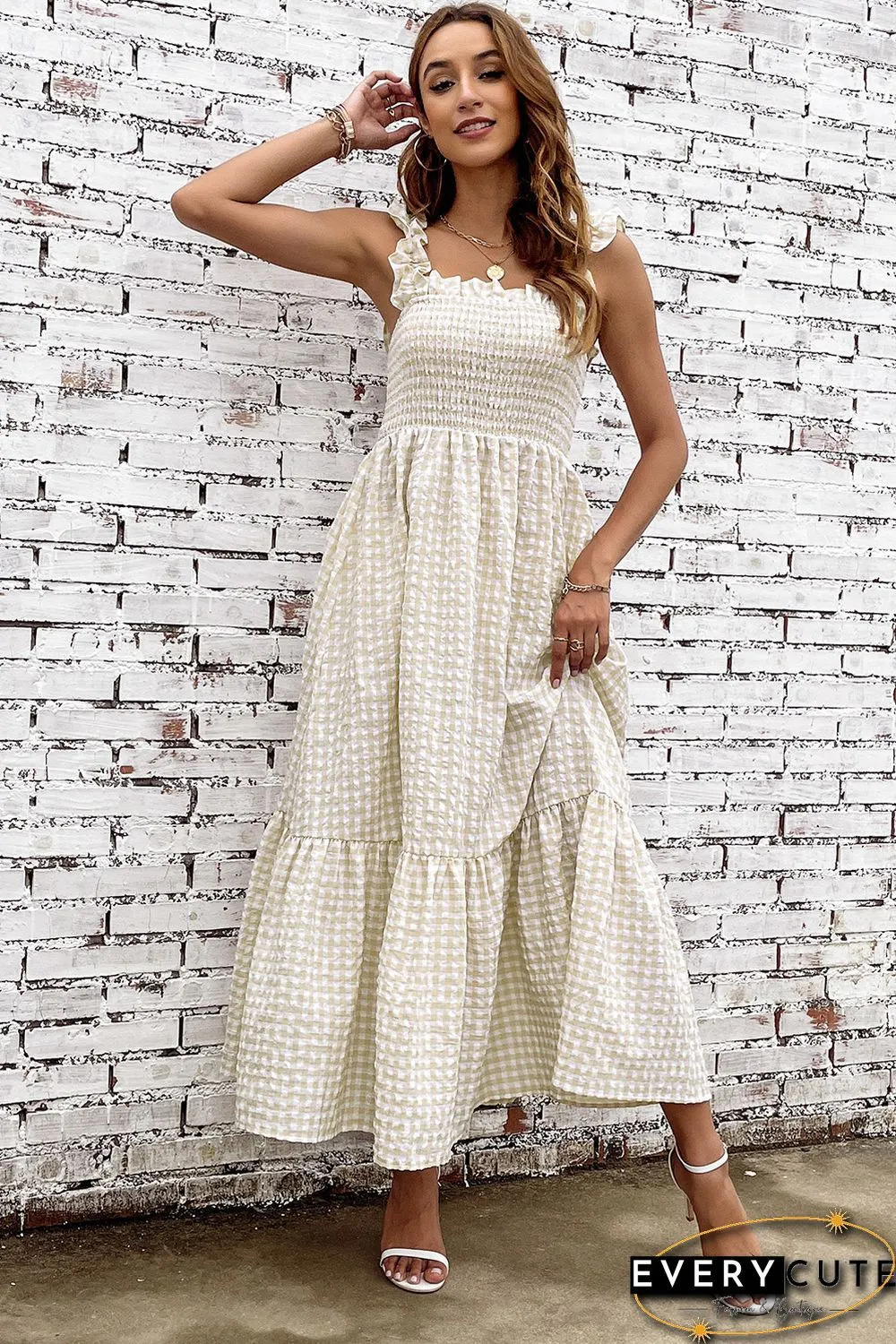 Khaki Plaid Ruffled Sleeve Smocked Maxi Dress
