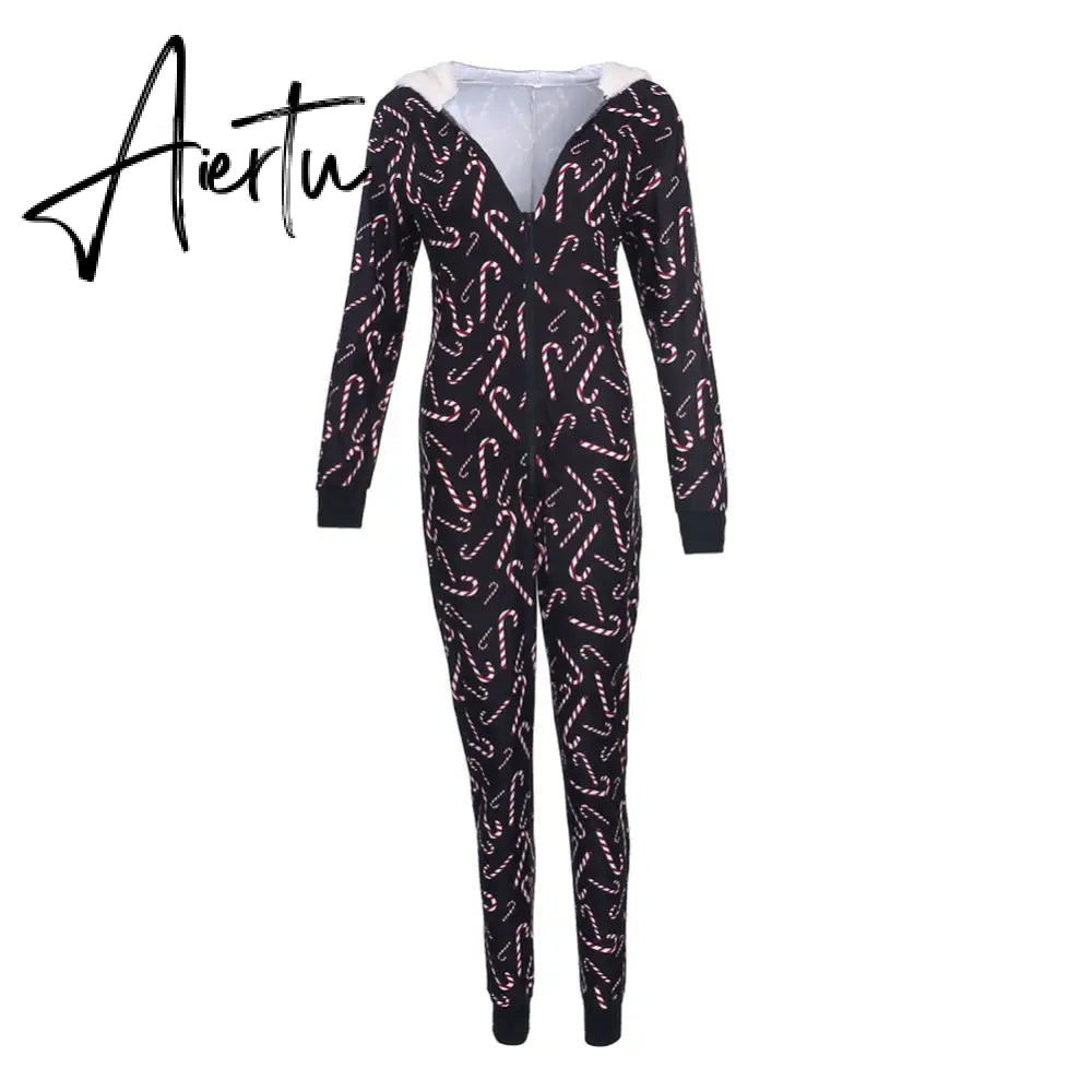 Aiertu  Women Christmas Long Sleeve Jumpsuit Cartoon Print V-neck Zipper Romper Pajamas Xmas Hooded Winter Home Sleep Wear Clothes Aiertu