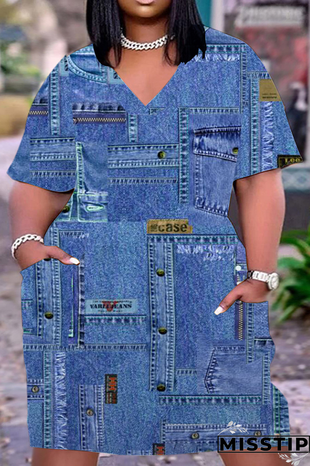 Cowboy Blue Casual Street Vintage Print Make Old Pocket Neck Line Plus Size Dress