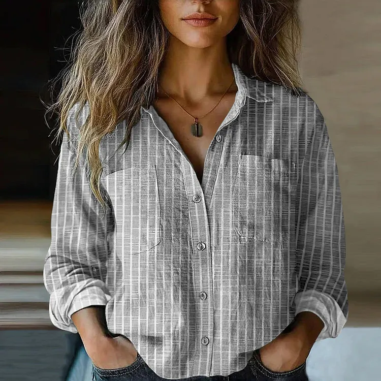 Women's Vintage Stripe Art Print Casual Long Sleeve Comfortable Cotton Shirt
