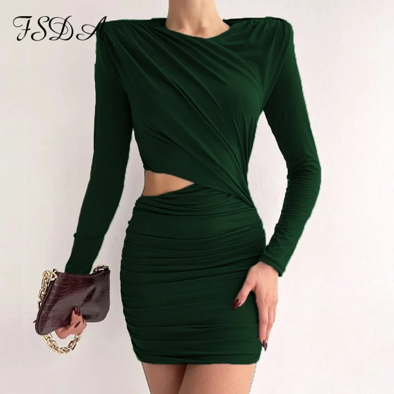 2022 Hollow Out Bodycon Dress Mini Women Brown Autumn Winter Sexy O Neck Long Sleeve Elegant Party Dresses Black Club