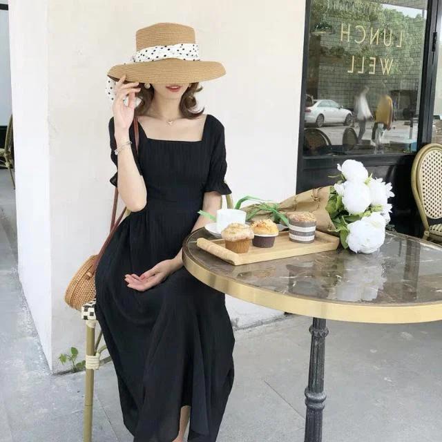 Dress Women Simple Slim Solid Square Collar Summer Womens A-line Fashion Temperament Casual Vintage French Trend Maxi Streetwear