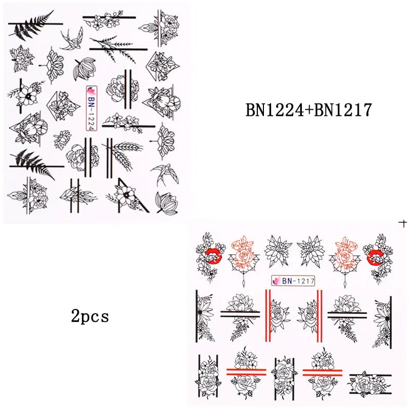 Harunouta Sexy Girl Geometric Lines Nail Water Stickers Set Spring Simple Flower Leaves Decals Sliders DIY Nail Art Decoration
