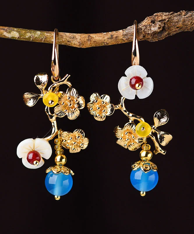 DIY Blue Agate Plum Blossom Branch 14K Gold Stud Earrings