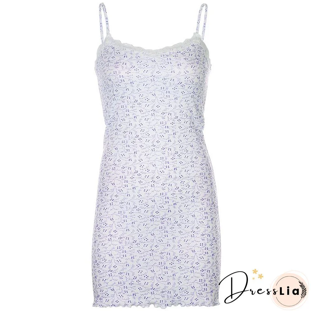 Beautiful Ribbed White Lace Trim Floral Print Dress With Ruffles