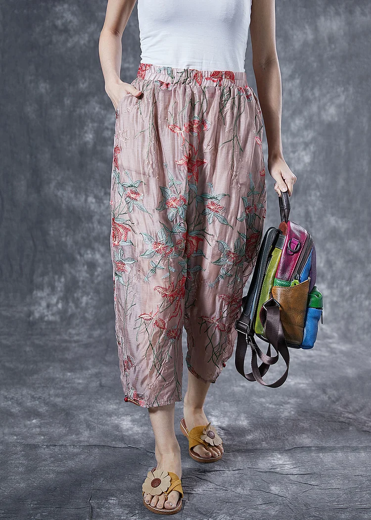 Fashion Pink Elastic Waist Embroideried Silk Harem Pants Summer