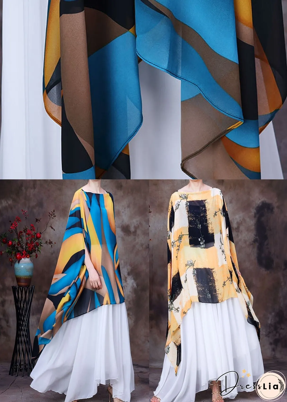 Women Yellow Blue Asymmetrical Design Print Chiffon Top Batwing Sleeve