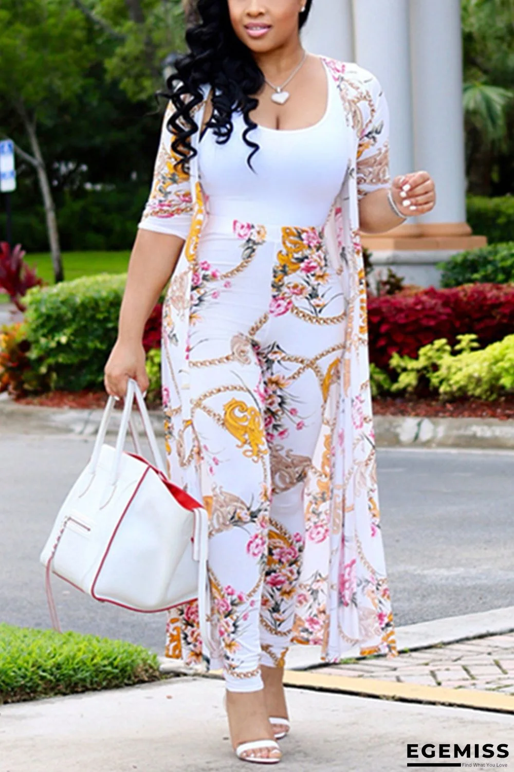 White Sexy Printing Cardigan Long Sleeve Trousers Suit | EGEMISS
