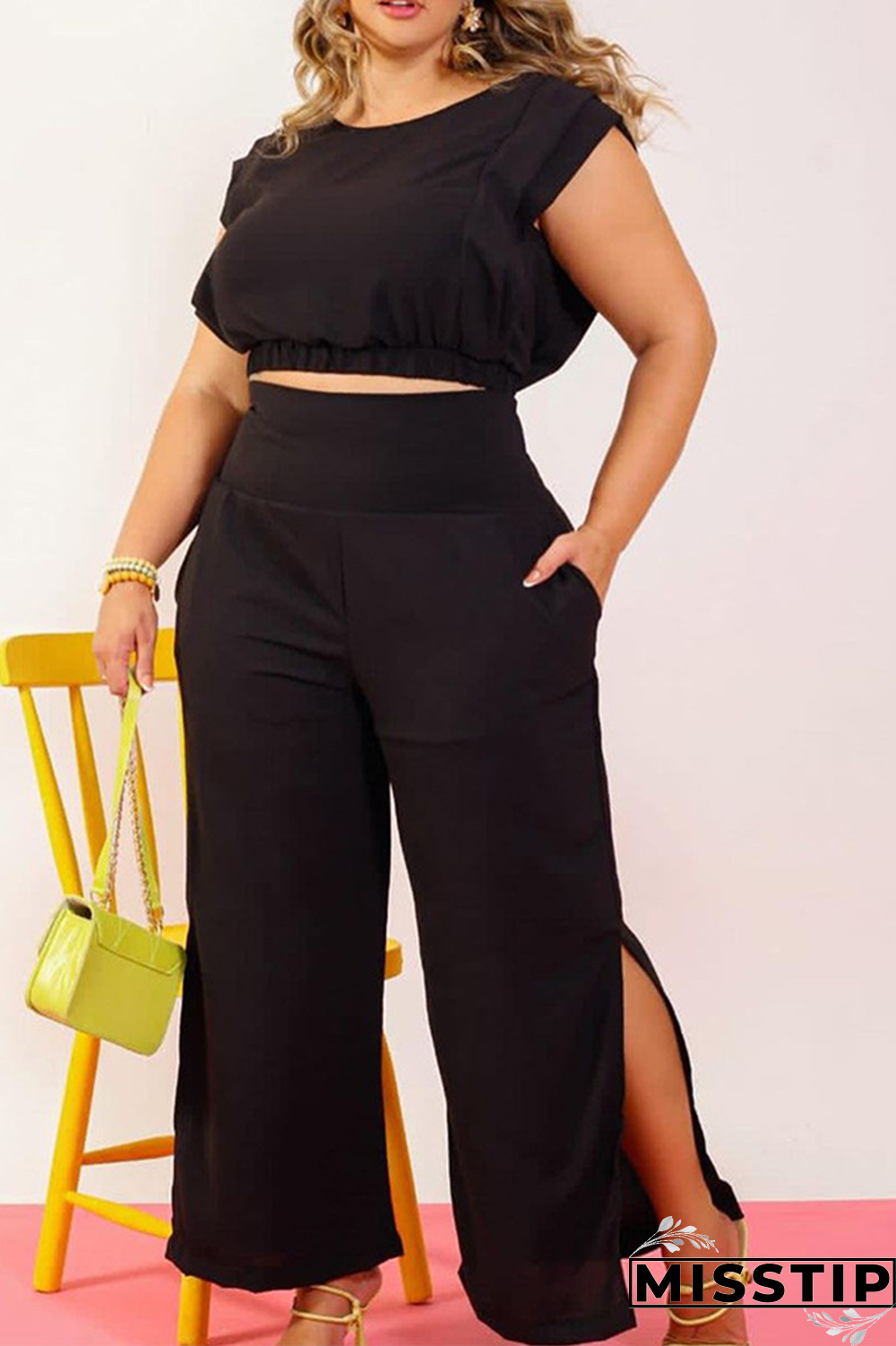 Black Casual Solid Patchwork O Neck Plus Size Two Pieces