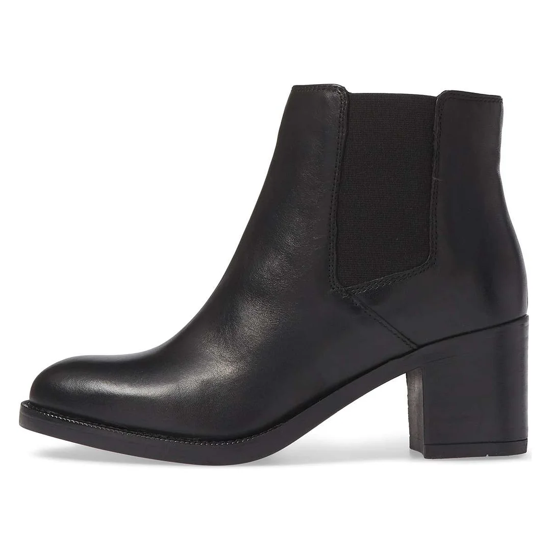 Black Vegan Leather Round Toe Pull-On Ankle Boots with Block Heel