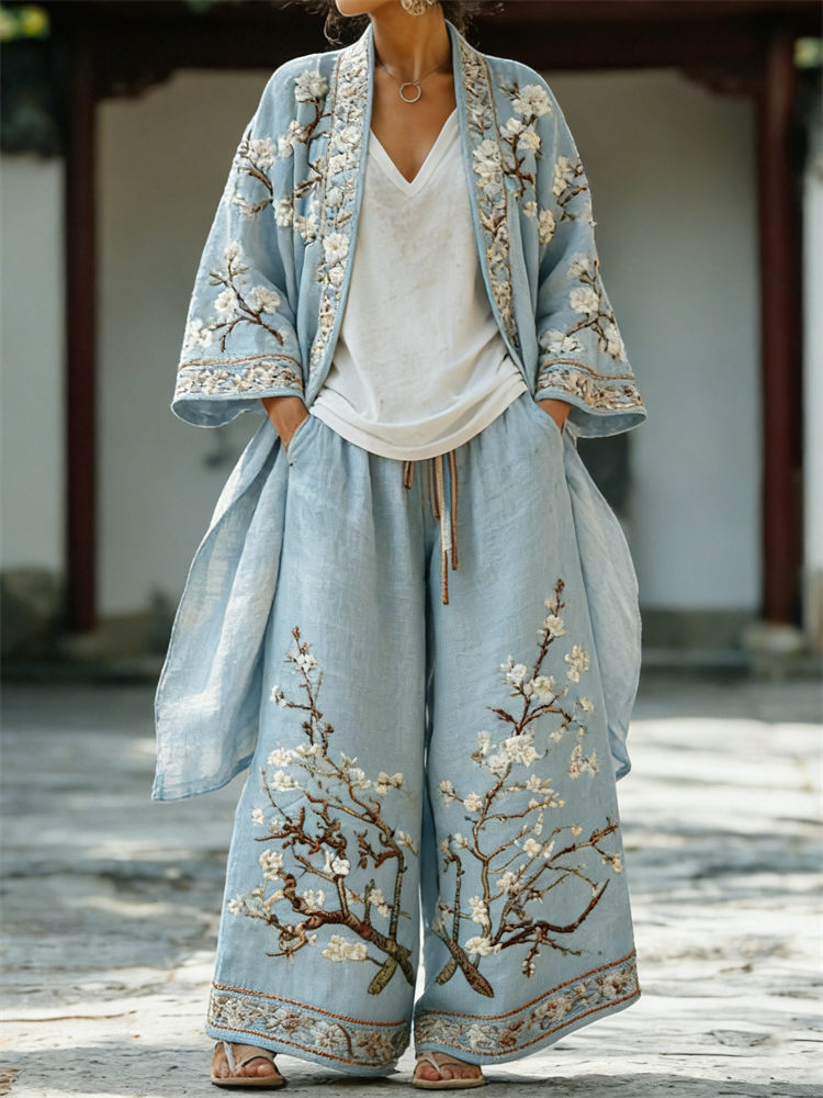 Almond Blossom Japanese Art Long Kimono & Pants Linen Set wearshes