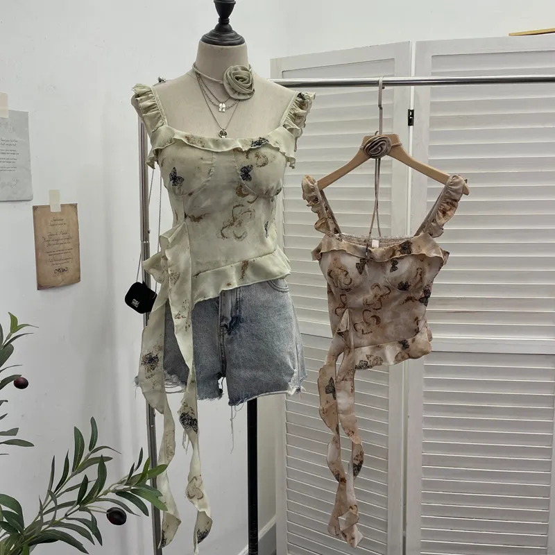 Churchf Real Shoot French Retro Irregular Lotus With Chest Cushions With Ribbon Sling Vest Summer Chiffon Top 9137
