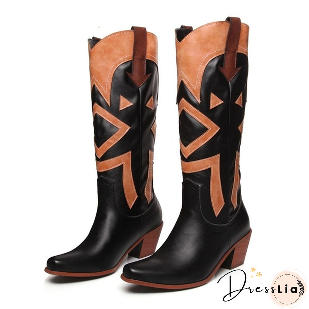 The New Style Western Cowboy Boots For Women Pointy Toe Cowgirl Boots Square Heels Knee High Boots Retro Women Boots