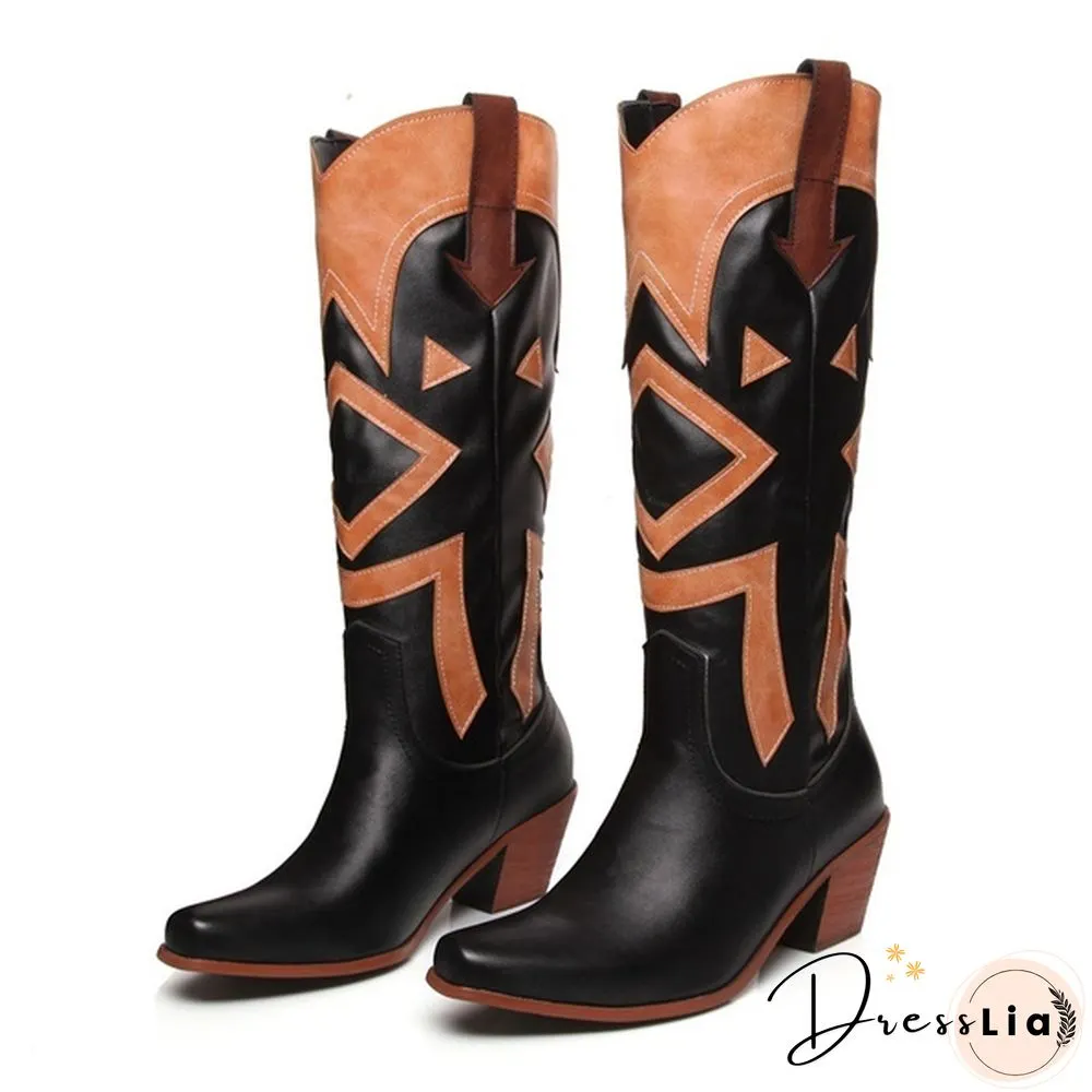 The New Style Western Cowboy Boots For Women Pointy Toe Cowgirl Boots Square Heels Knee High Boots Retro Women Boots