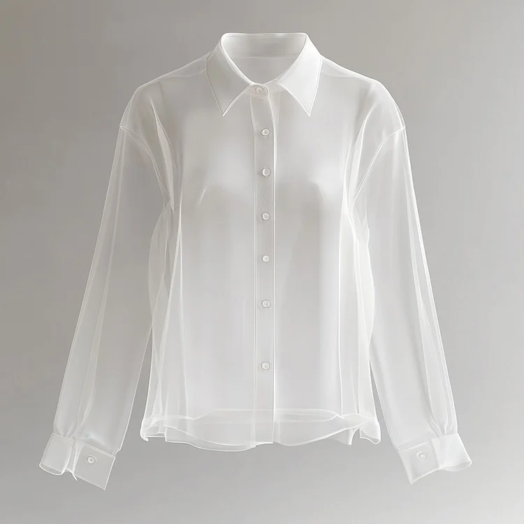 Ursime Organza See-Through Shirt Collar Long Sleeve Blouse