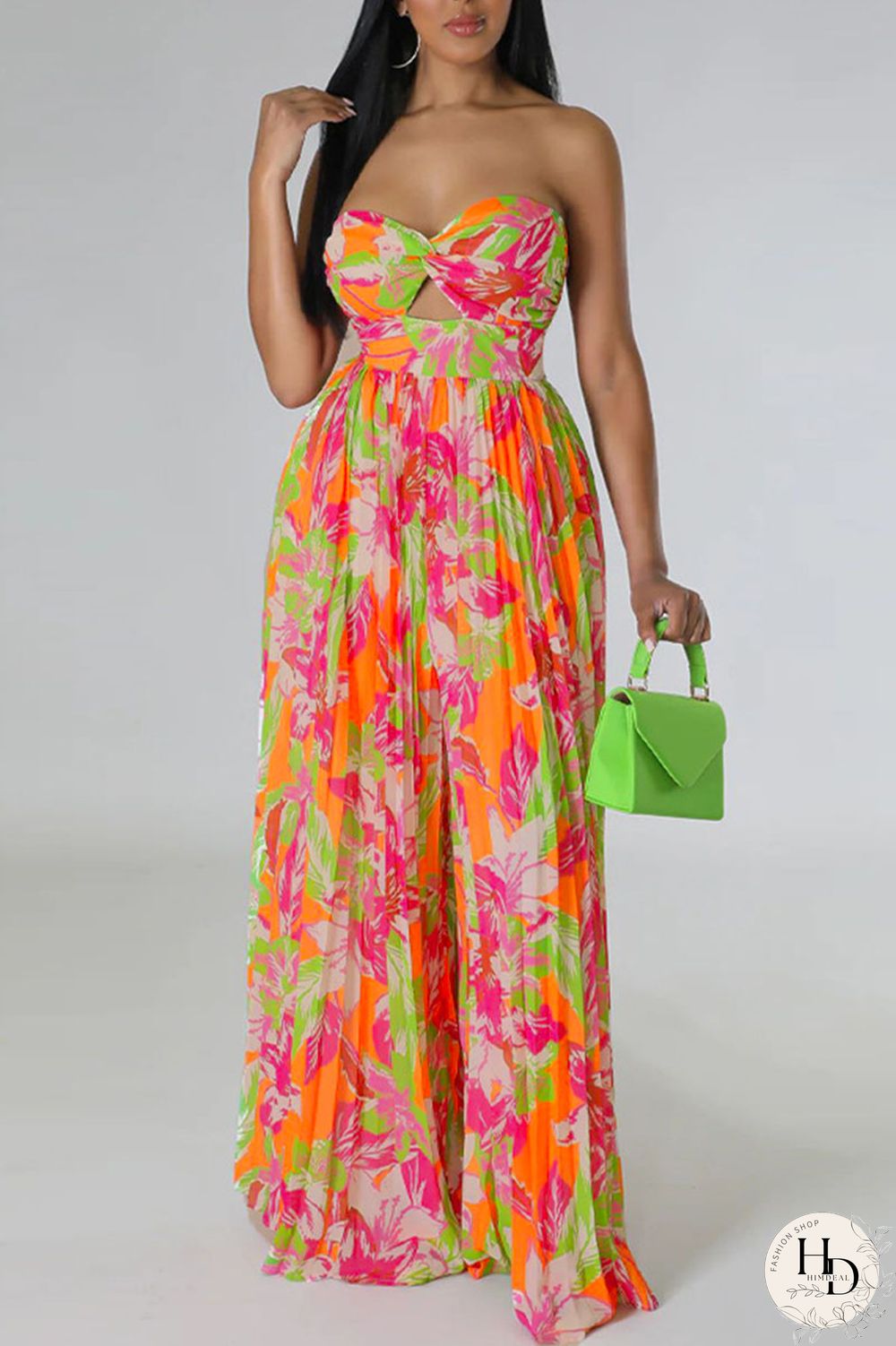 Tangerine Red Sexy Print Patchwork Strapless Straight Jumpsuits