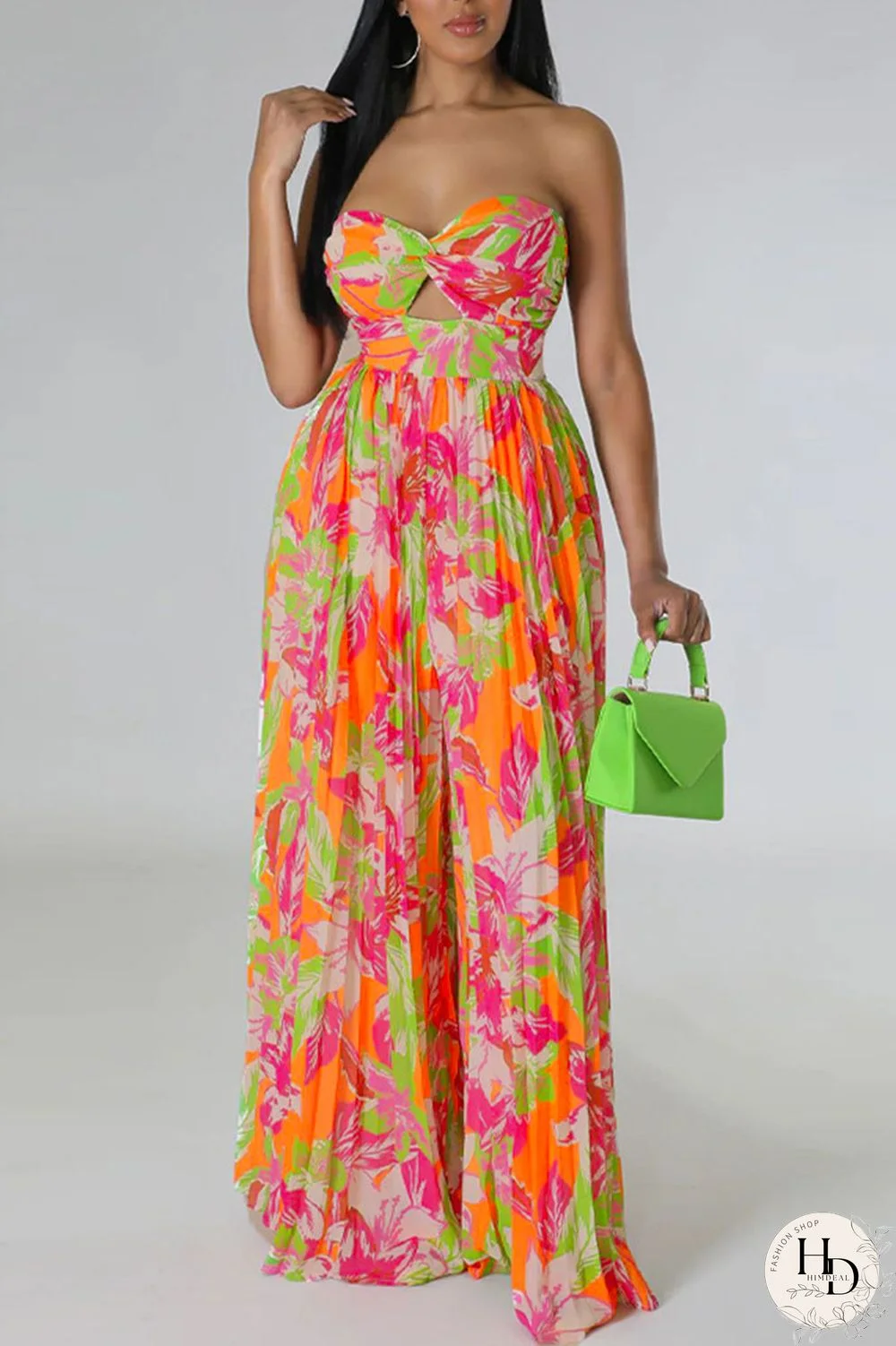 Tangerine Red Sexy Print Patchwork Strapless Straight Jumpsuits