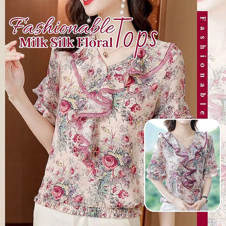 Fashionable Milk Silk Floral Tops