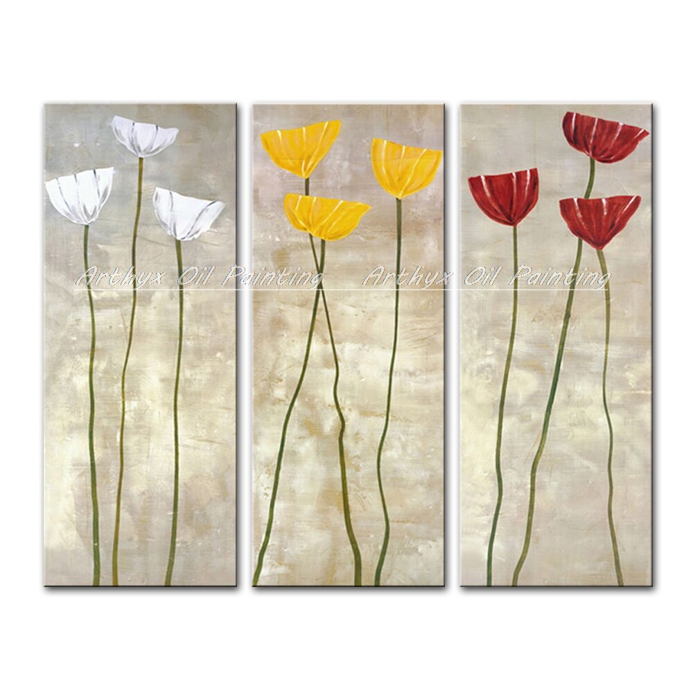 Arthyx 3Pcs Handpainted Red Yellow White Flowers Oil Painting On Canvas Modern Pop Art Wall Paintings For Living Room Home Decor