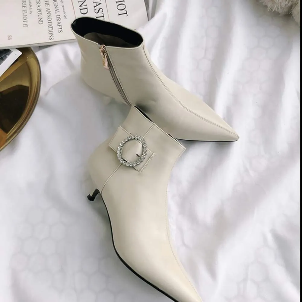 4cm Women's Ankle Boots Low Heels Shoes Zipper Booties Solid Color With Diamons-vocosishoes