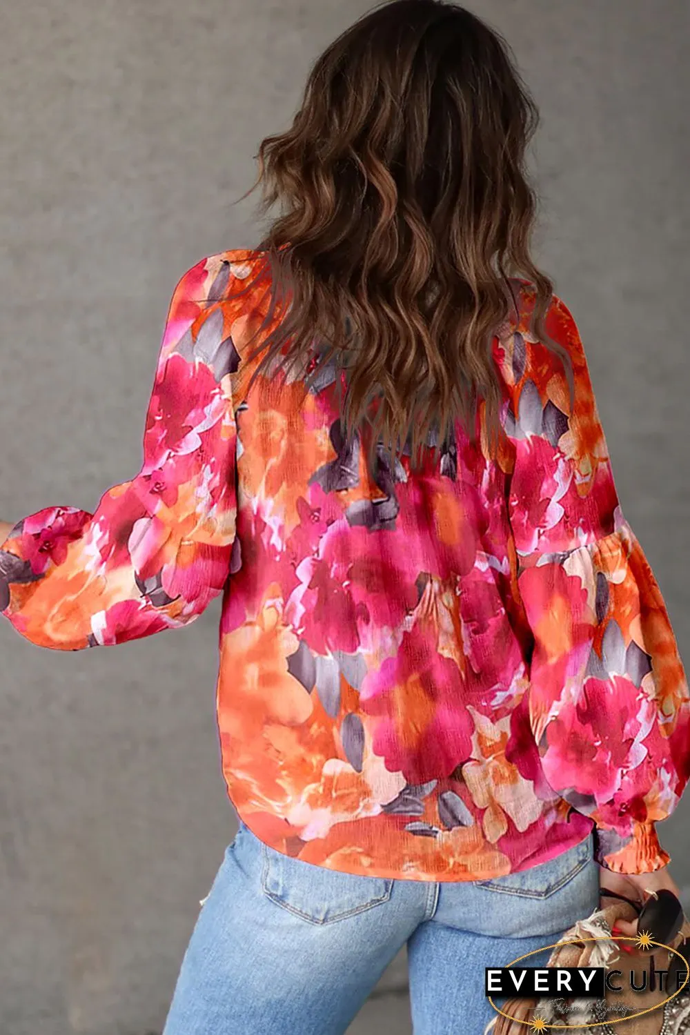 Red Floral Tassel Tie Long Sleeve Blouse