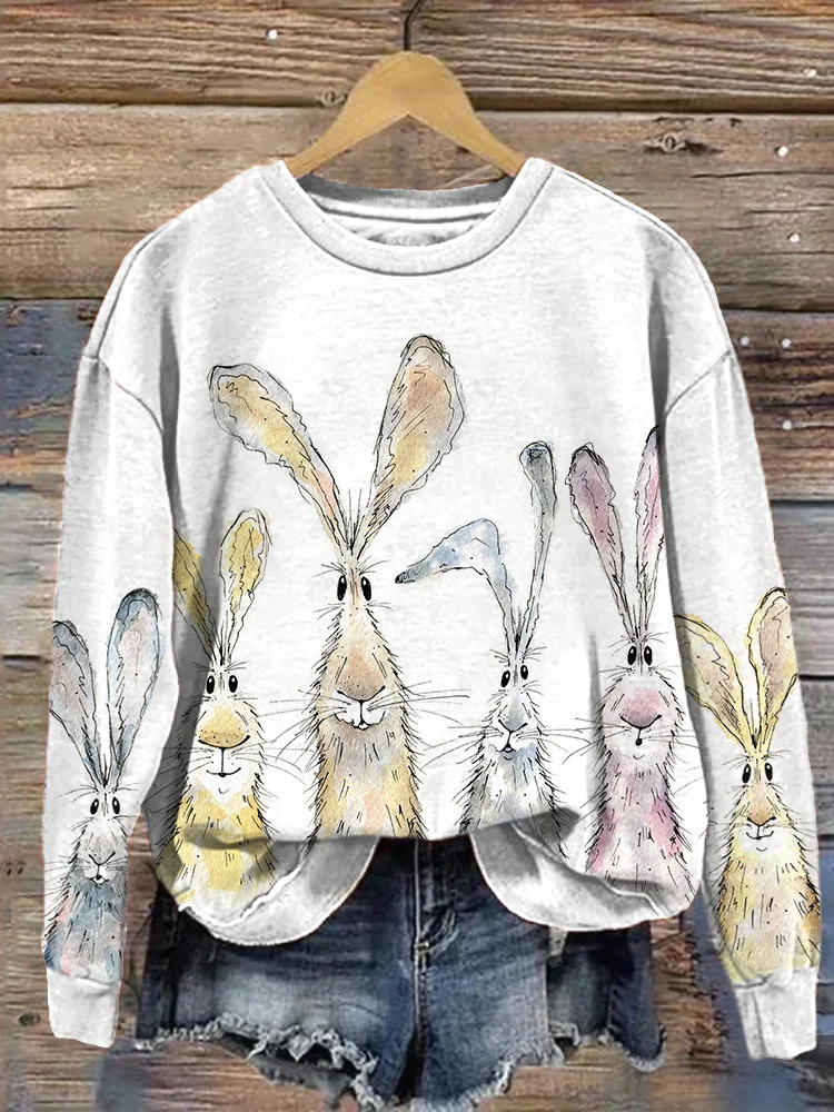 VChics Watercolor Bunny Print Casual Cozy Sweatshirt