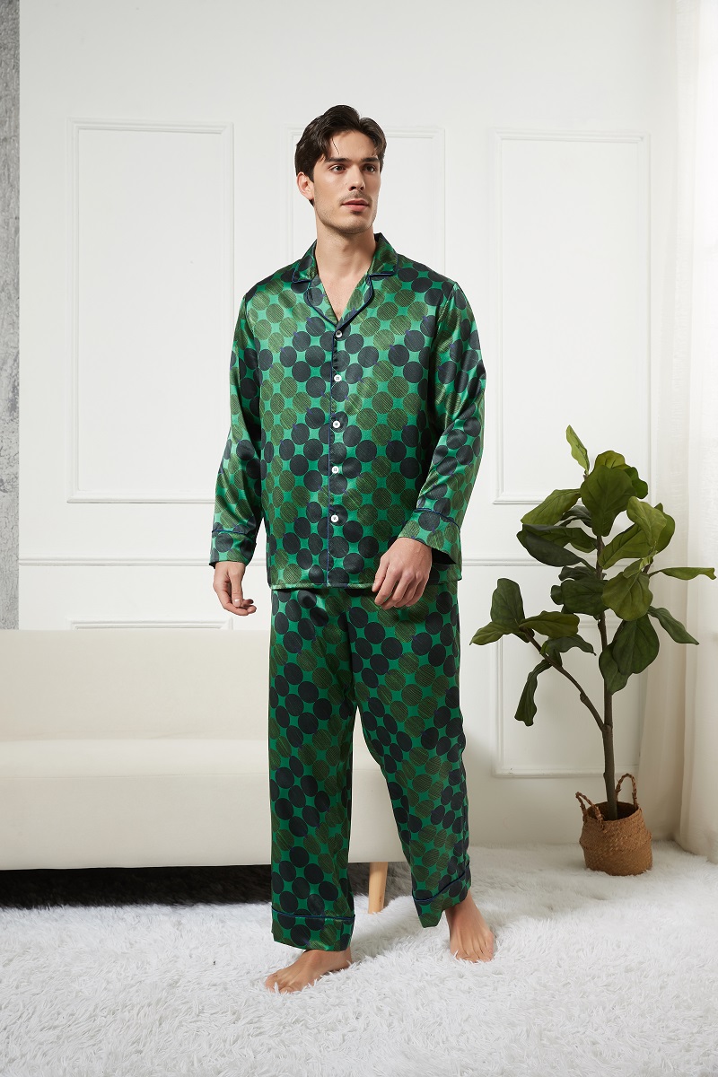 Pyjama en soie vert à pois pour hommes- SOIE PLUS