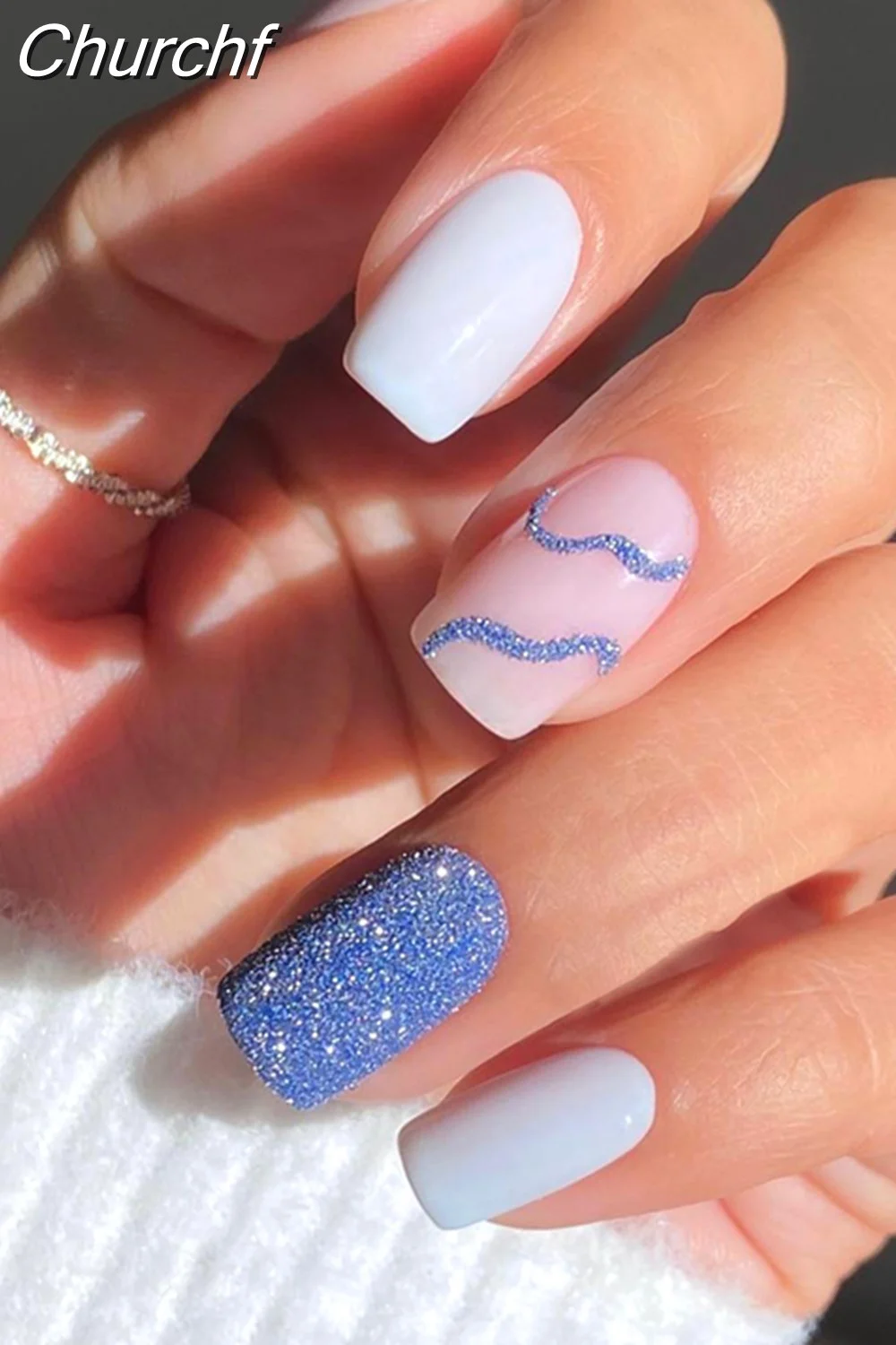 Churchf Nail Full Cover Fake Nail Pink Glitter Wearable French Short