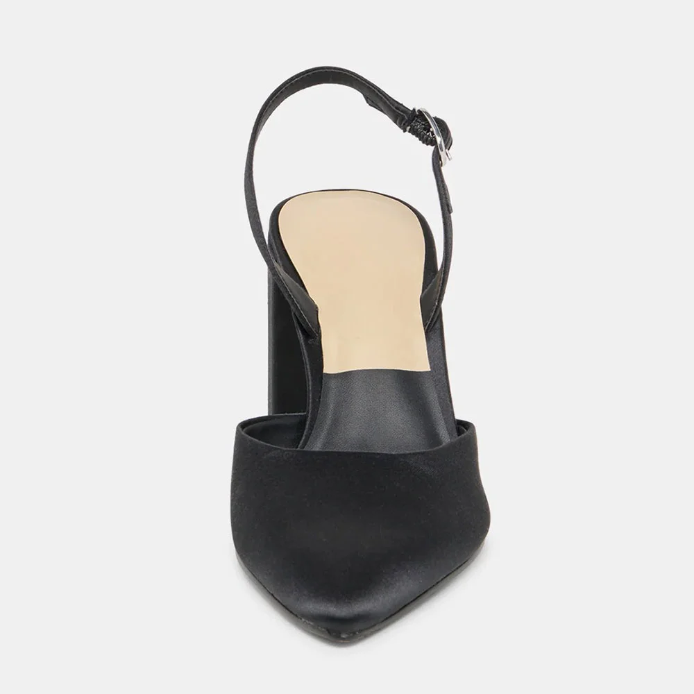 Satin Pointed Toe Block High Heel Slingback Black Pumps for Women