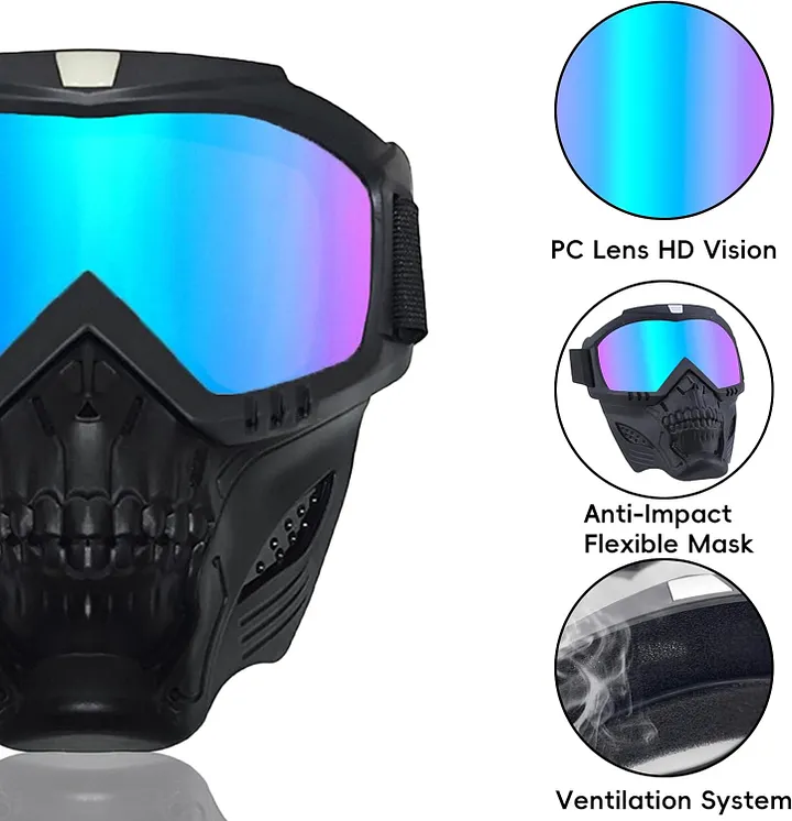 Retro Cool Skull Motorcycle Goggles - Motorcycle Sunglasses, Fogless, Warm, Adjustable Elastic Strap, Windproof, Breathable, UV Protection Motocross Protective Gear with Visor Lens for Off-Road Riding