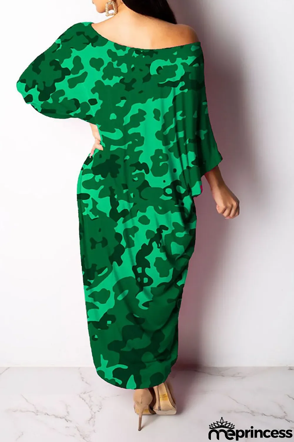 Green Casual One Shoulder Long Sleeves Step Skirt Ankle-Length camouflage Dresses