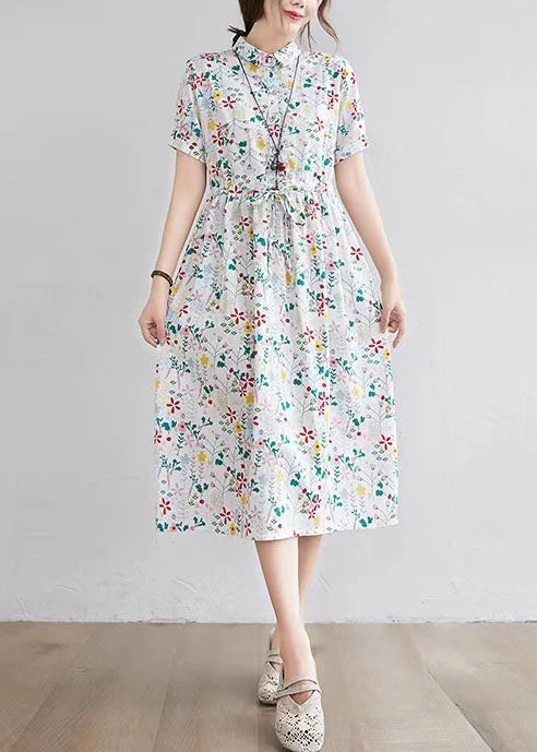 Half Sleeve O-neck Pleated Floral Print Vintage Maxi Dress