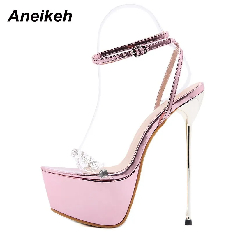 Aneikeh Sweet Women's Sandals 2021 PVC Crystal Patchwork Ankle Strap Platform Summer High Heels Wedding Pink Fashion Sexy Shoes