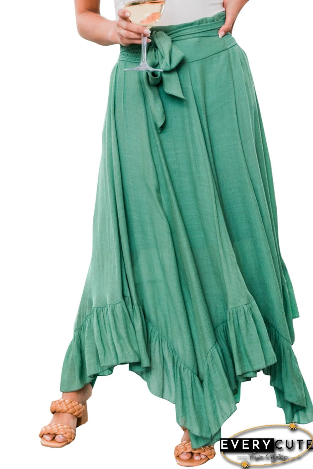 Green Asymmetric Flounce Belted High Waist Maxi Skirts