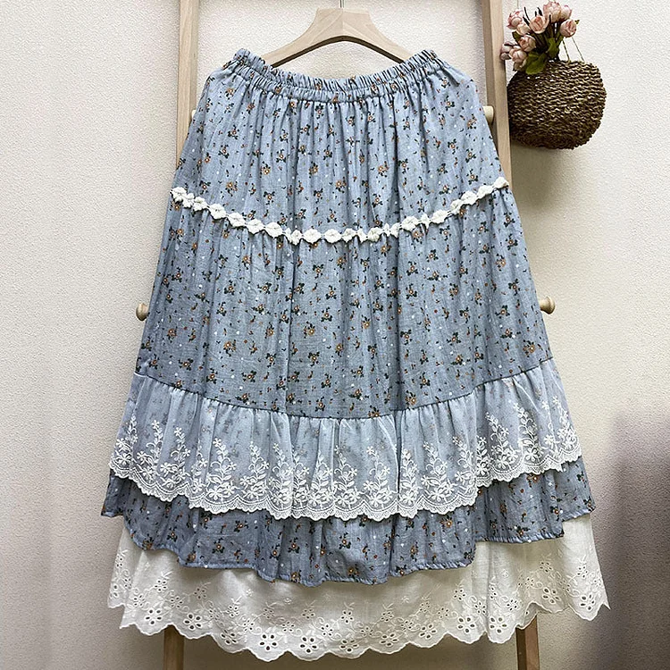 Summer Retro Lace Trim Floral Cotton Linen Skirt