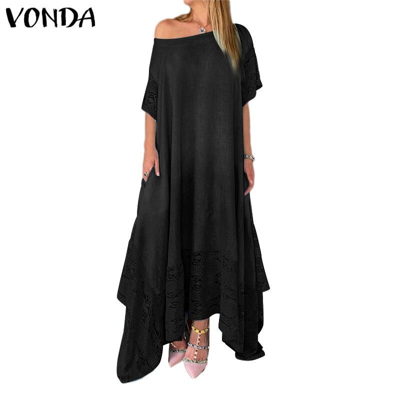 Women Maxi Long Dress 2022 VONDA Vintage Half Sleeve Crochet Patchwork Holiday Party Dress Fashion Irregular Hem Maxi Vestidos