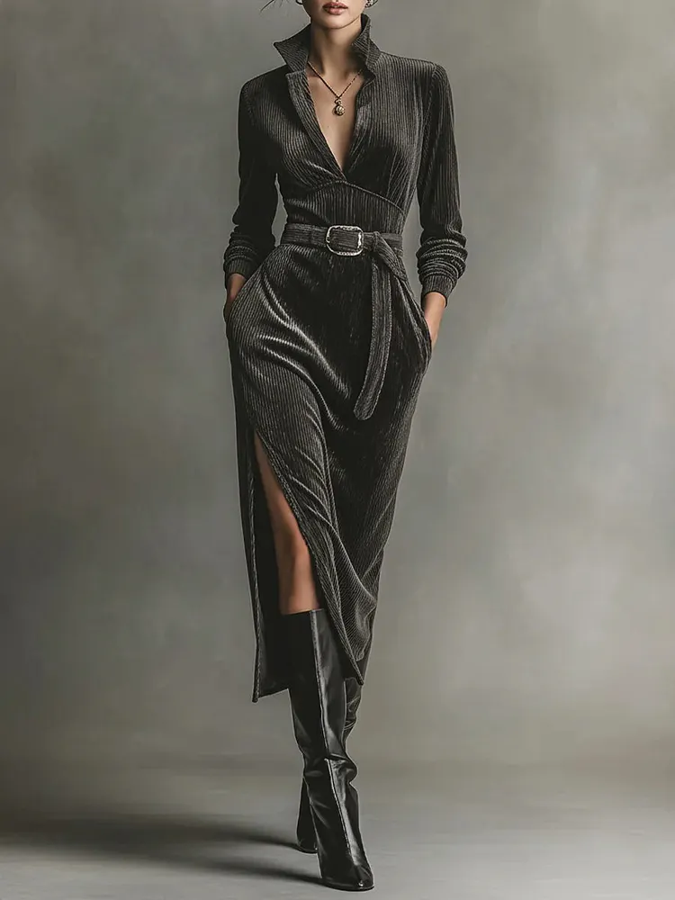 Elegant Corduroy Dress with Tie Neck and Side Slits
